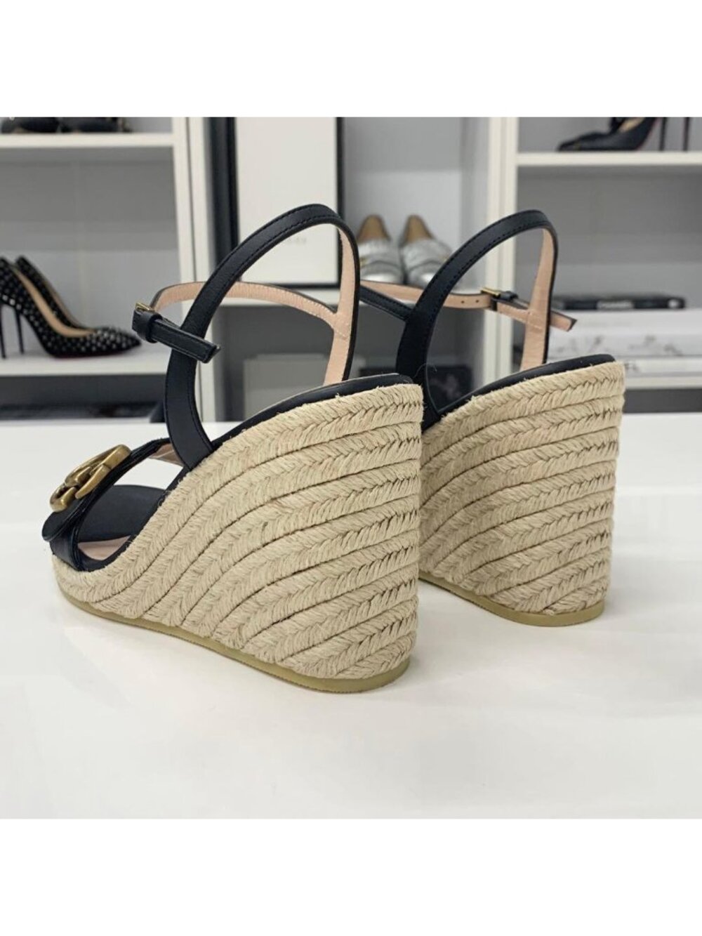 Gucci Leather Double G Wedge Sole Espadrille Sandals Black - Picture 6 of 11